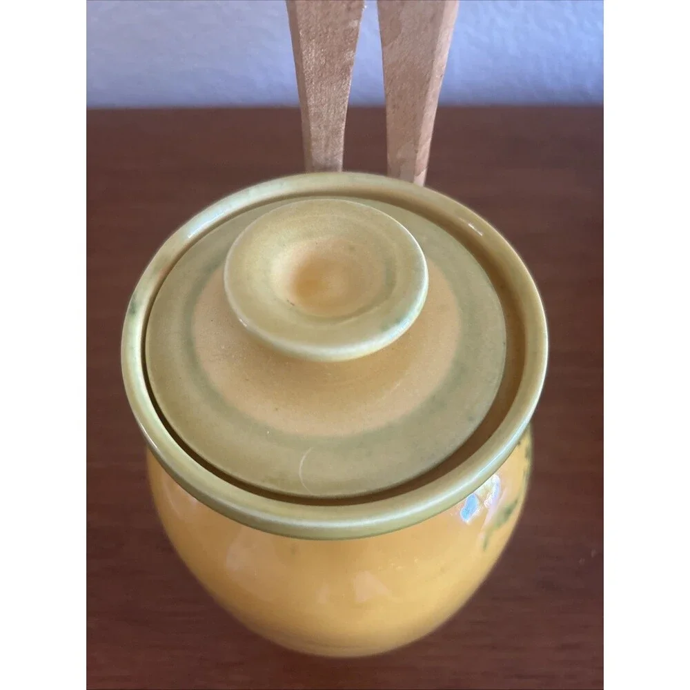 Olive Jar Pot with Wood Tongs LOU PIGNATIER Made In France Ceramic Pottery Rare
